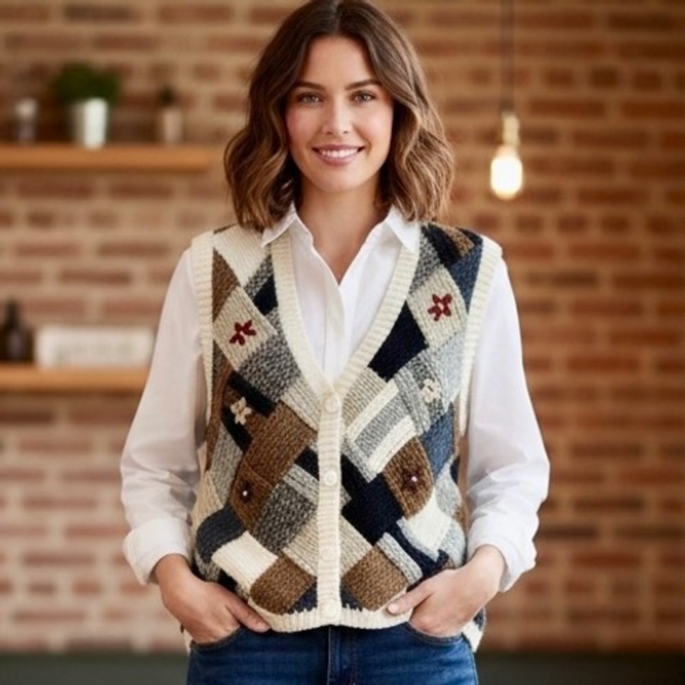 Vintage Huntington Ridge Sweater Vest‎ Women Large White Brown Hand Knit Buttons